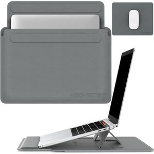 AboveTEK Laptop Sleeve Case for 13-14 inch MacBook Air/Pro, Slim Laptop Case with Stand, Ergonomic Wrist Rest & Mouse Pad, Waterproof Anti-Scratch Leather Bag for 13-14 Surface HP, Grey