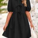 PRETTYGARDEN Womens 2025 Summer Casual Short Sleeve Dresses A Line Bow Tie Front Babydoll Loose Cute Mini Dress with Pockets (Black,Medium)
