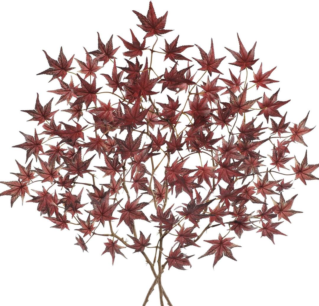 DILATATA 3 Pcs Artificial Maple Leaves Branches 23.6 Inch Fake Fall Maple Plants Autumn Leaf Bushes Faux Silk Foliage for Home Thanksgiving Centerpiece Farmhouse Fireplace Halloween Dcor - Burgundy