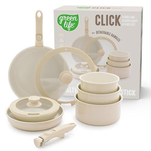 GreenLife 10 Piece Nonstick Pots & Pans Set, Detachable Handle & Stackable Cookware Set, Non Toxic PFAS-Free Skillets, Induction Kitchen Pans, Space Saving, Serving Bowls, Oven Safe, Speckled Cream