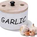 Breathable Garlic Container for Counter, Wooden Garlic Keeper with Vented lid, Large Garlic Storage Holder & Jar to Keep Fresh, White Garlic Jar
