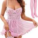 Sexy Lingerie for Women Lace Babydoll Lingerie Dress Push up Nighty Petal Hem Chemise with Garter(4pcs) (XX-Large, Pink)