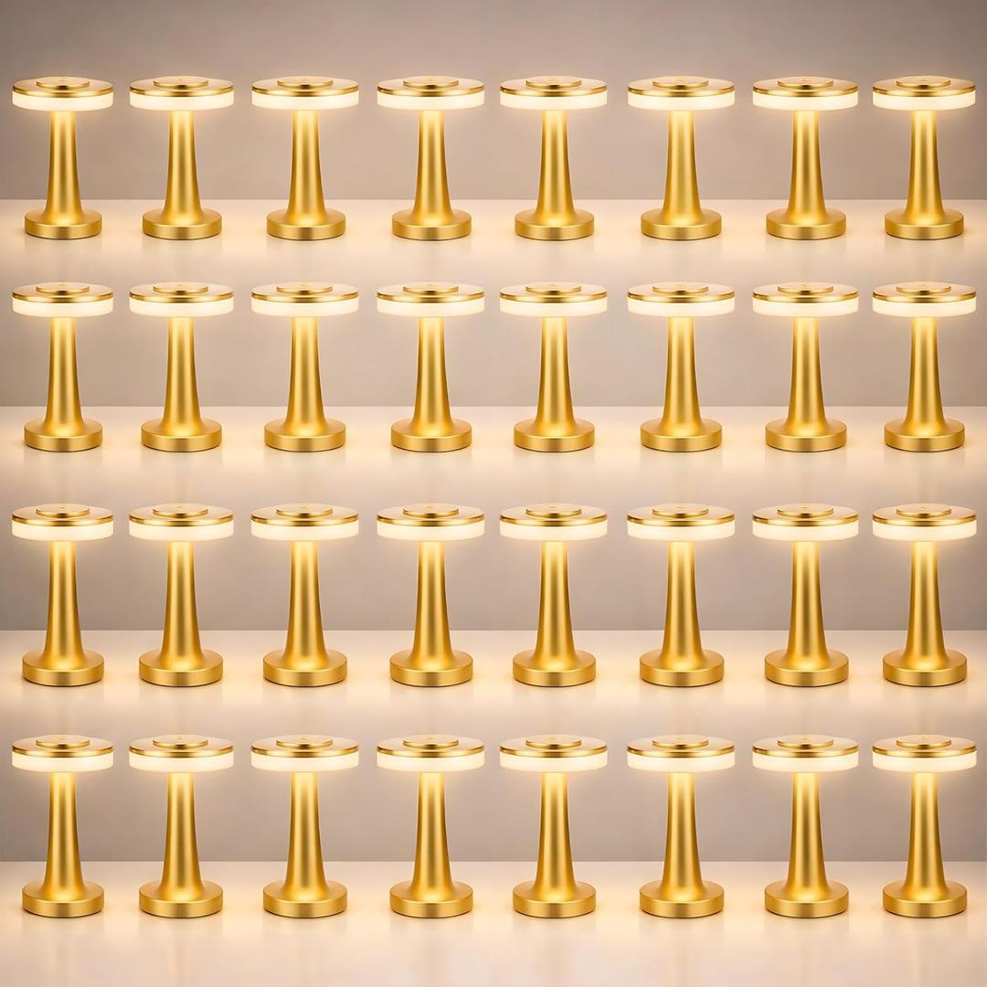 Riakrum 36 Pcs Gold LED Portable Cordless Table Lamp Bulk with Touch Sensor 3 Color Stepless Dimming Rechargeable Battery up to 15 Hours Cordless Table Light Wireless Lamp Wedding Home (Modern)