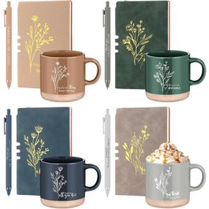 Didaey 4 Sets Employee Appreciation Gifts Set 13oz Boho Floral Ceramics Coffee Mugs with A6 Leather Notebooks Ballpoint Pens Bulk Christmas Thank You Gift for Coworkers Staff Team Nurse