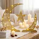 Wesiti 2 Pcs Islamic Gifts for Muslim Eid Mubarak Wooden Table Decoration Islamic Ramadan Gift Ramadan Crescent Lamp with Moon Star Centerpiece for Mubarak Eid Decor Muslim Holiday Celebration