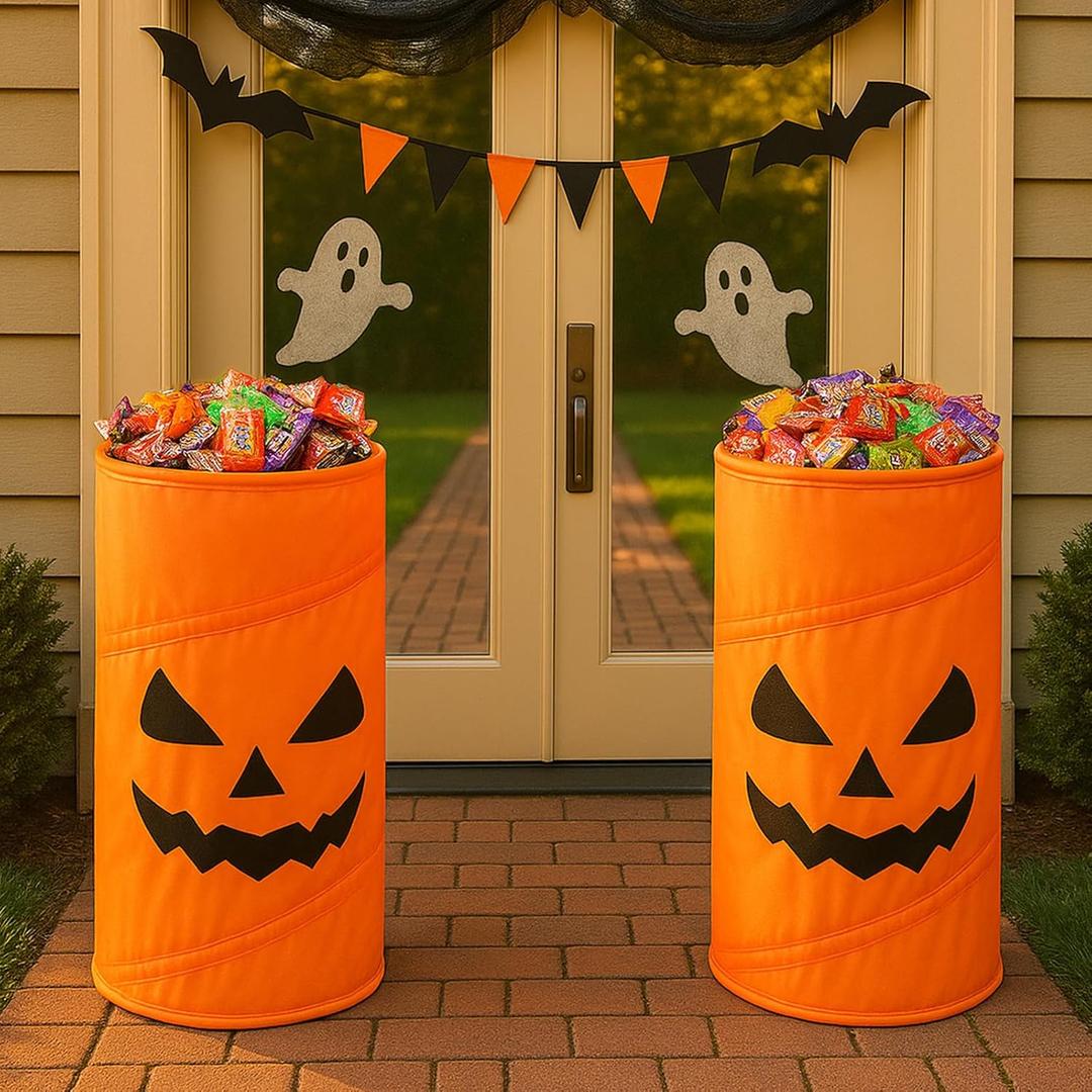 SATINIOR 2 Pcs Halloween Decorations Candy Barrel Large Pumpkin Bucket Halloween Trick or Treat Bags Reusable Spooky Treating Candy Holder Bowl for Home Outdoor Indoor Front Porch Party Decor