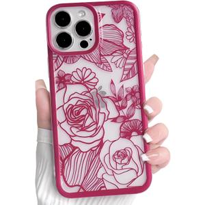 NITITOP Compatible with iPhone 13 Pro Case Clear Cute Rose Flower Floral Leaves Pattern for Women Girls Color Frame Slim Durable Shockproof Protective Phone Cover - Rose Red
