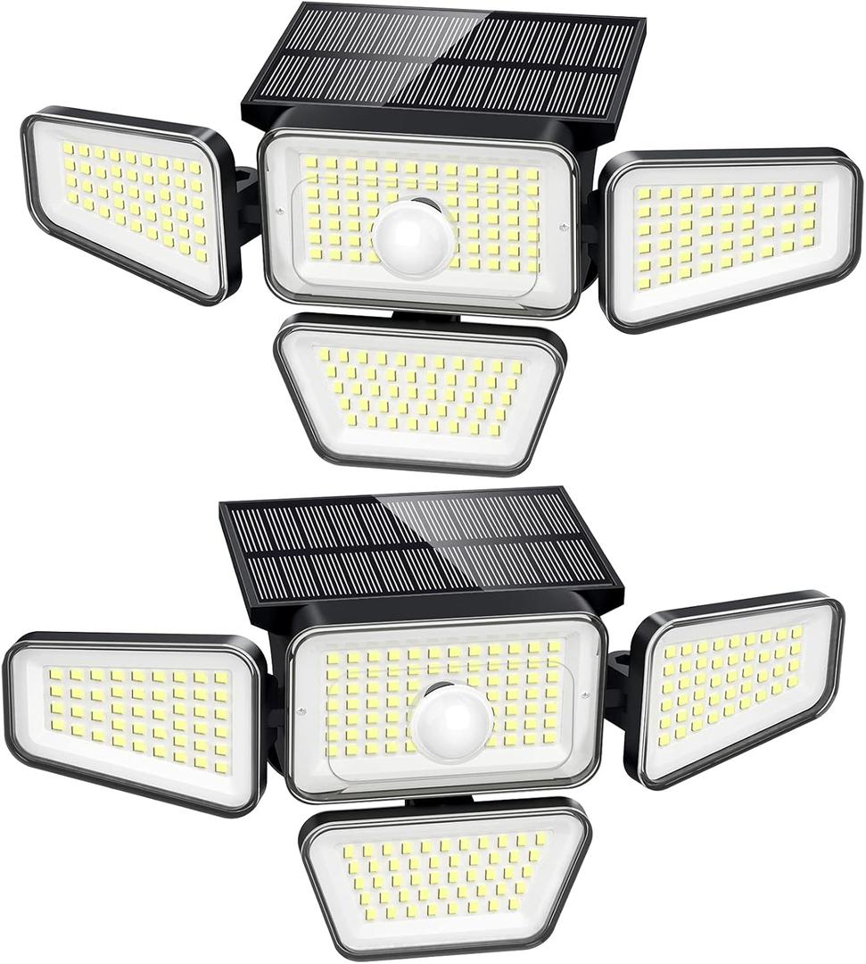Solar Lights Outdoor, 270 LED 3000LM Motion Sensor Light, IP65 Waterproof 4 Heads 3 Modes 330Wide Angle 6500K Solar Powered Security LED Wireless Flood Lights Luces Solares para Exteriores (2 Pack)