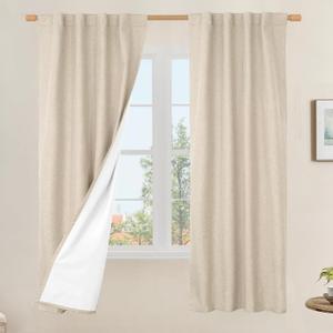 LAMIT 100% Blackout Linen Curtains, 63 Inches Linen Textured Thermal Bedroom Curtains Back Tab and Rod Pocket Neutral Panels with White Liner for Farmhouse, 2 Panels, 38 x 63 Inch
