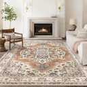 9x12 Washable Area Rug: Vintage Neutral Soft Non Slip Thin Large Floor Carpet for Living Room Bedroom Kitchen Dining Room Home Office Farmhouse Indoor - Brick Red