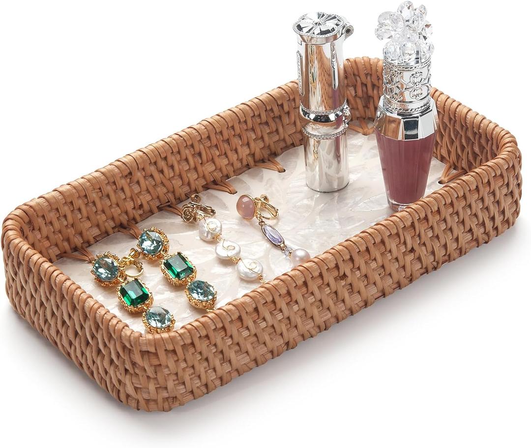 YANGQIHOME Jewelry Tray, Rattan Jewelry Organizer with White Leaf Base  Decorative Jewelry Organizer Dish for Rings, Watches, Keys  Ideal for Bedroom, Living Room, Entryway, Natural