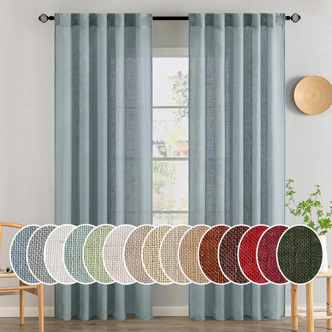 MIULEE Dusty Blue Linen Curtains 84 Inch Length 2 Panels for Bedroom Living Room, Soft Thick Linen Textured Window Drapes Semi Sheer Light Filtering Back Tab Rod Pocket Burlap Look, 37x84 Inches