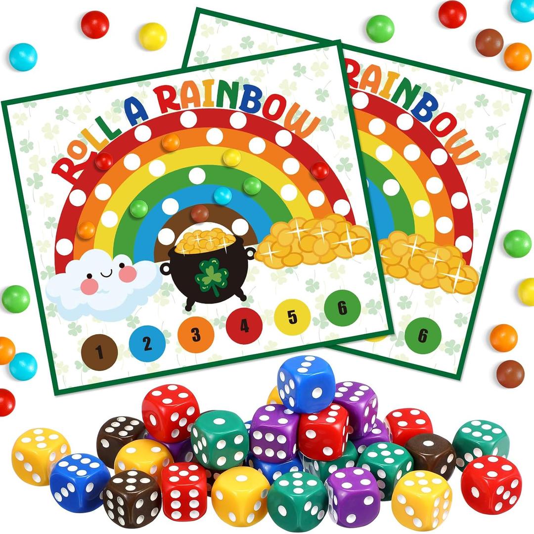 Wettarn 30 Set St. Patricks Day Game Roll A Rainbow with 30 Rainbow Cards 30 Dices St. Patricks Day Gifts St. Patricks Day Activity Family Game St. Patricks Day Party Supplies Leprechaun Trap