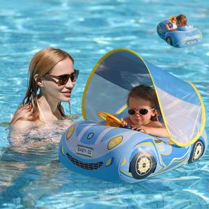 3D Car Thick PVC Inflatable Baby Swim Pool Float with Sun Shade Cover and Steering Wheel - Age 1-4 Years Old (Blue)