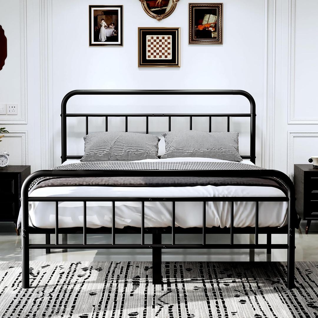 14Inch Metal Bed Frame,Full Size Bed Frame with Upholstered Headboard,Heavy Duty Sturdy Mattress Foundation,Easy Assembly,No Box Spring Needed,Black-Full