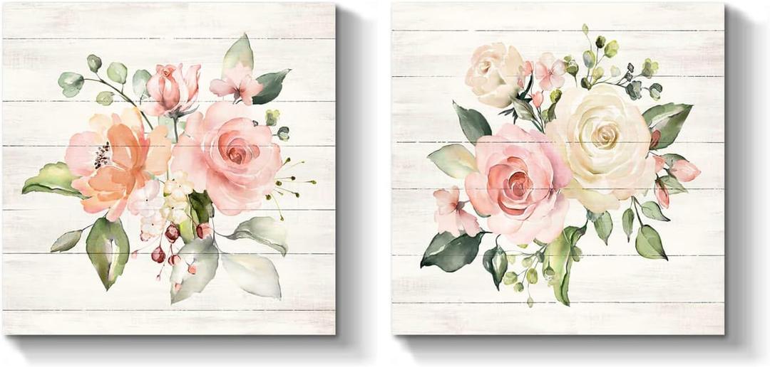TAR TAR STUDIO Flowers Canvas Painting Wall Art: Floral Picture Blossom Artwork Print for Bedroom or Office (16" x 16" x 2 PCS, Multiple Sizes/Material)