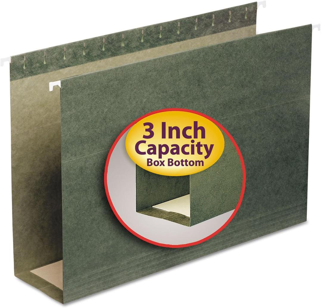 Smead Hanging File Folder with Tab, 1/3-Cut Adjustable Tab, Legal Size, Standard Green, 25 per Box (3-Inch Expansion, Legal)