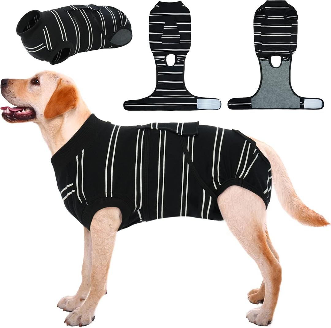 Kuoser Dog Surgery Recovery Suit, Soft Breathable Dog Recovery Suit for Female Spay Male Nueuter, Anti Licking Puppy Onesie Pet Surgical Suit for Dogs Abdominal Wounds Skin Disease, Black Strips X-Large (Back: 20.1" - 24.8"; Weight: 42 - 75LB)