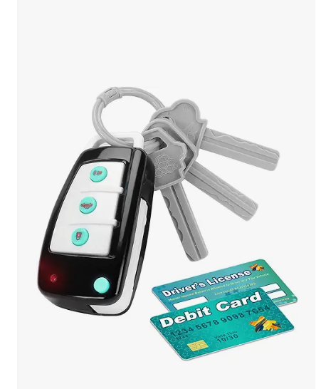 Car Key Playset, Remote Car Key Toy with Light and Sounds, Pretend Play Keys with Cards for Boys and Girls, Travel Toys for Toddlers, Babies (Black)