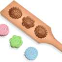 Wooden Cookie Molds for Baking - 11.8" Mooncake Mold in Handcrafted Wood for Shaping Dough - Maamoul Molds with 3 Floral Cookie Stamps for Forming Maamoul, Mooncakes, Shortbread and Festive Cookies