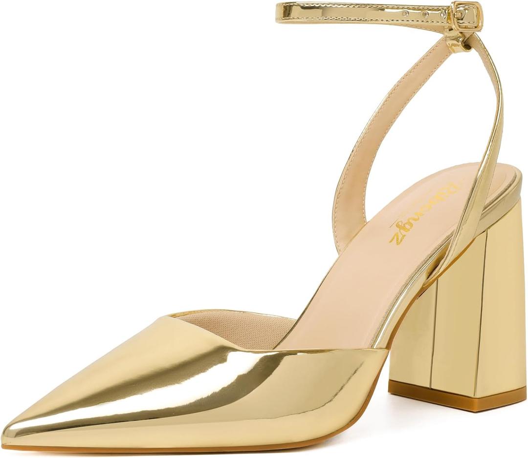 RIBONGZ Block Heels for Women Closed Pointed Toe Heeled Slingback Chunky High Heel Ankle Strap Pumps Patent Leather Comfort Dressy Shoes for Work Party Prom Wedding Bridal Dress 39
