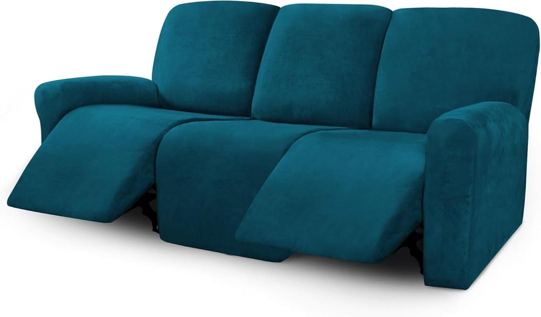 ULTICOR Velvet 8-Pieces Recliner Sofa Covers Stretch Reclining Couch Covers for 3 Cushion Reclining Sofa Slipcovers Furniture Covers Thick Soft Washable (3 Seater Recliner Cover, Deep Teal)