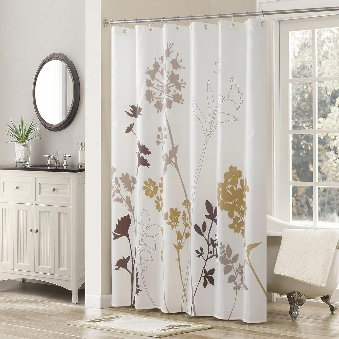 Silhouette Cream Flower Fabric Leaves Plants Tan Printed Waterproof Ivory Shower Curtain,Beige Floral Brown Bathroom Curtains,72" W x 78" L