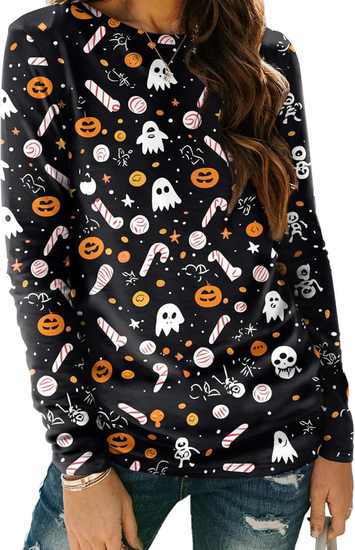 AUTOMET Womens Basic Long Sleeve Crewneck, Plus Size Winter & Spring Top, Casual Fall Tee for Teacher & Everyday Outfits (Medium, Pumpkin)