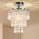 FRIXCHUR Small Crystal Chandelier Led Crystal Ceiling Lights 3 Tiers Crystal Raindrops Chandelier Pendant Lighting Fixture Decoration for Bedroom Hallway Living Room, Chrome, E26