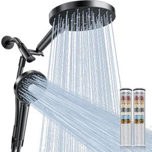 Magichome Rain/Rainfall Shower Head Filtered Handheld Combo with Large Arm, High Pressure 10 Spray Modes, Stainless Steel Hose, Water Softener Beads for Hard Water & Chlorine Removal, Matte Black