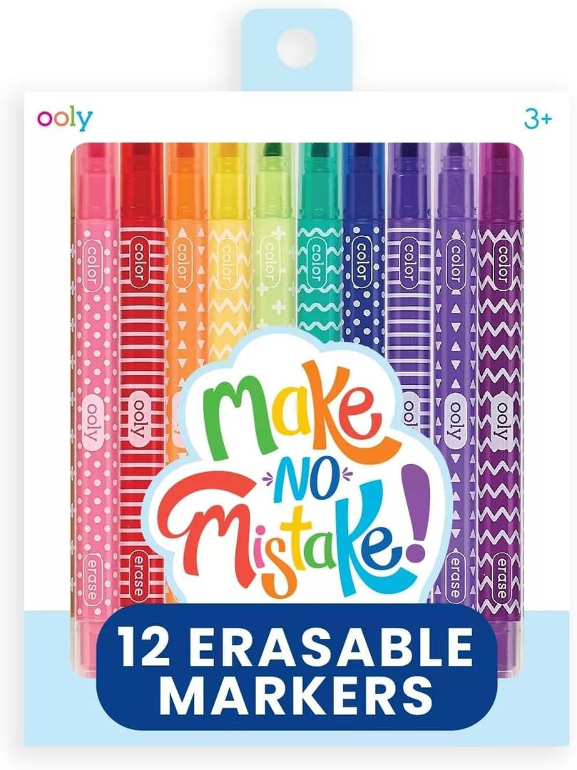 Ooly Make No Mistake Erasable Markers, Stress and Mess Free Marker Pack You Can Erase, Drawing & Coloring Pens for Kids and Adults, Colorful Back to School Supplies for Any Arts & Crafts, Set of 12