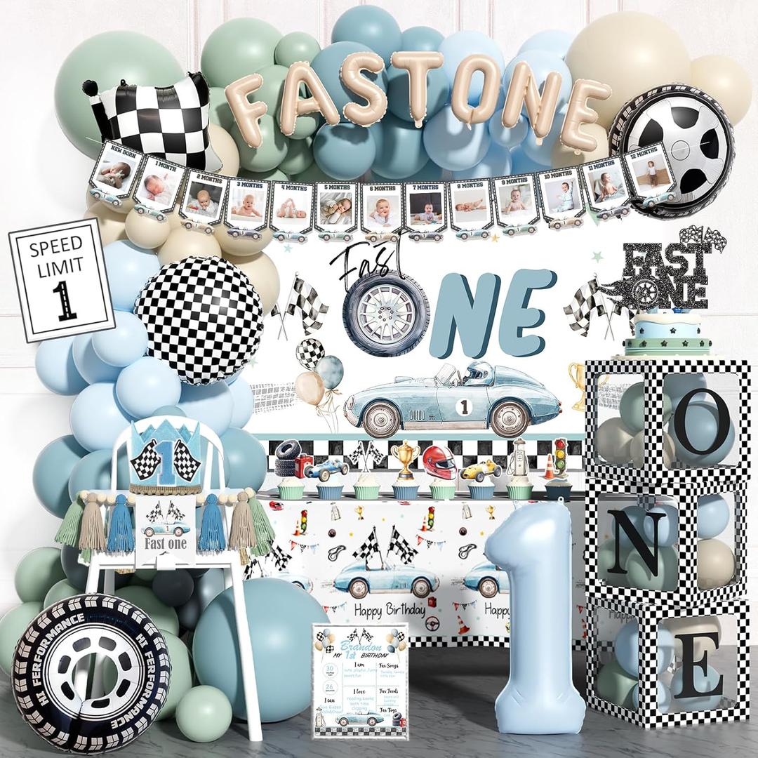 Fast One Birthday Decorations, 146 Pcs Race Car 1st Birthday Party Supplies includes Backdrop, Balloon Garland, Photo Banner, Foil Balloons, Tablecloth, Boxes, Poster, Flag, Crown for Boys