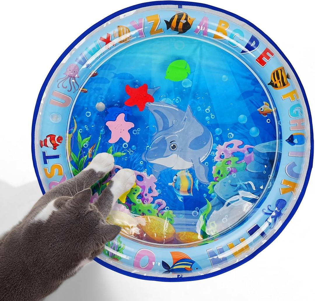 Cat Water Sensory Play Mat with Extra Protective Cover, Thickened Cat Water Bed Toy for Cats Dogs Kittens Puppies Pets (Round Blue)