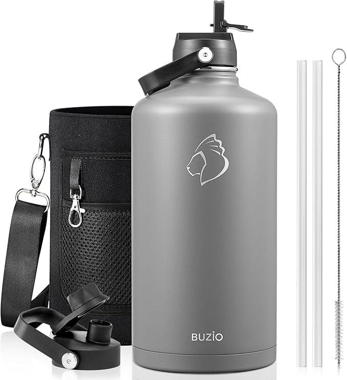 BUZIO Gallon Water Bottle Insulated, 128 oz Large Water Jug Vacuum Stainless Steel Big Metal Flask (Cold for 48 Hrs), Leak Proof & BPA-Free, with Straw and Spout Lids, Grey