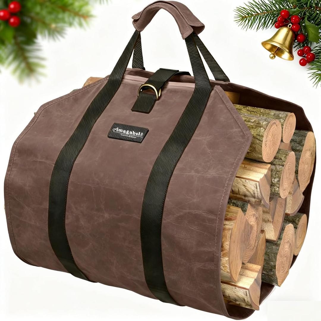 Amagabeli Firewood Carrier Waxed Canvas Log Tote Carrying Bag Heavy Duty Fire Large Wood Fireplace Carrier Bag with Handles for Camping Firewood Log Holder Wood Sling Cabin Stove Accessories (Dark Brown)