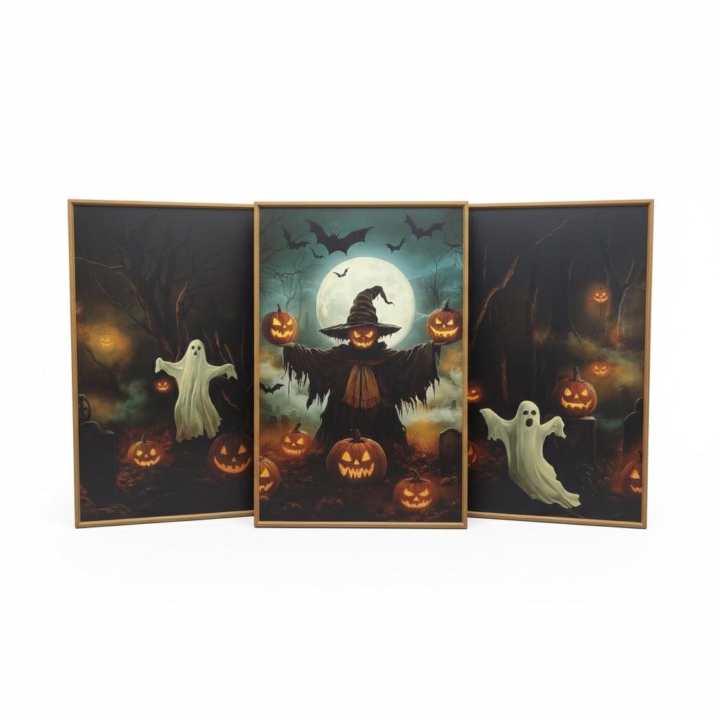 Spooky Halloween Ghost Lighted Pumpkin Framed Canvas Wall Art Set,Gothic Inspired Cute Black Cat Witch Hat Wall Decor,Vintage Foggy Forest Castle Artwork for Living Room, Bedroom-16 x24 x1