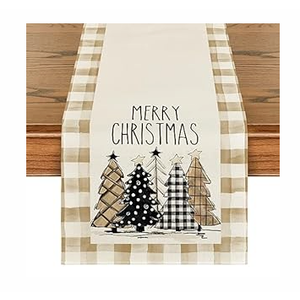 Artoid Mode Watercolor Brown Buffalo Plaid Christmas Trees Merry Xmas Table Runner, Seasonal Winter Holiday Kitchen Dining Table Decoration for Home Party Decor 13 x 60 Inch