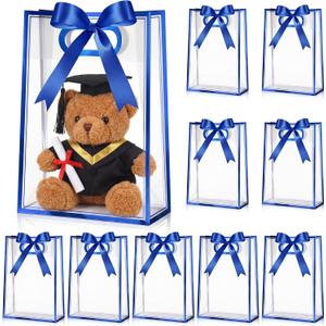 Aliceset Clear Plastic Gift Bag with Die Cut Handle Reusable PP Favor Bag with Ribbon for Graduation Wedding Bridal Birthday Baby Shower Party Small Business,10x7x3.15in(Royal Blue Foil,12 Pcs)