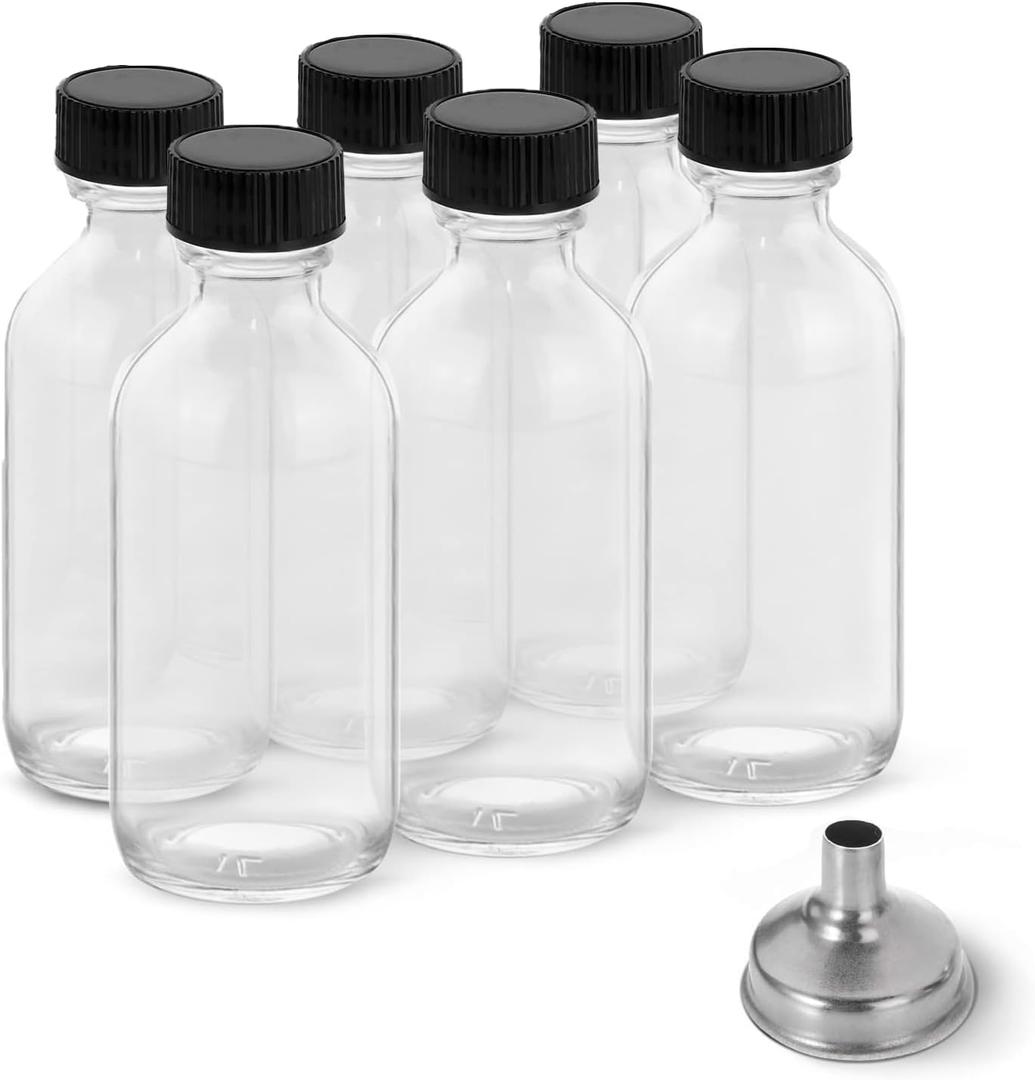 6 Pack 2 oz Shot Bottles with Caps & Stainless Steel Funnels, Juicing Bottle Reusable Glass, Mini Travel Bottles, 60ml Small Jars with Lids for Potion, Ginger Shots, Oils, Juice