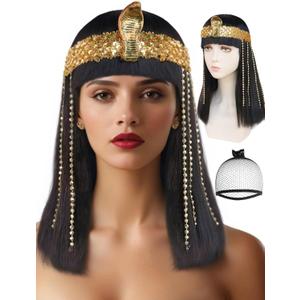 Black Cleopatra Wig with Golden Fringe for Women Short Straight Synthetic Cosplay Wigs with Bangs for Adults Egyptian Straight Bob Wigs for Halloween Costume Party Outfit + Hair Cap