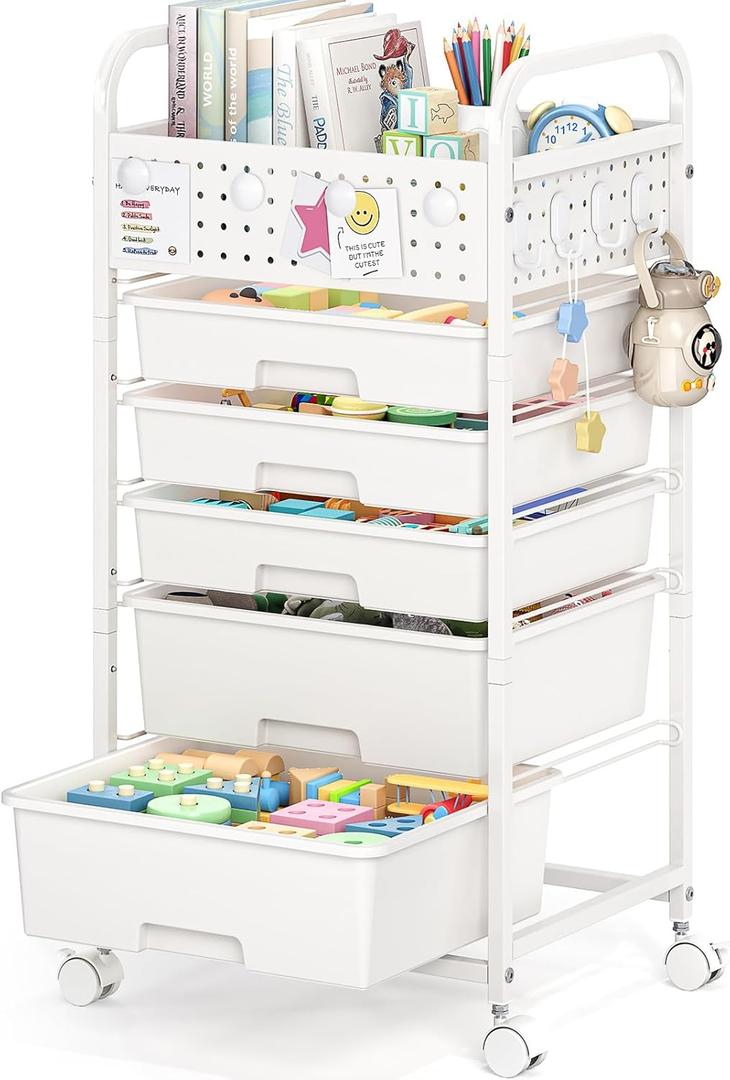 5 Drawer Rolling Storage Cart with Pegboard Top and Hooks, Mobile Utility Organizer with Wheels for Office Supplies, Craft Storage, Classroom Organization, Home Storage Cart, White