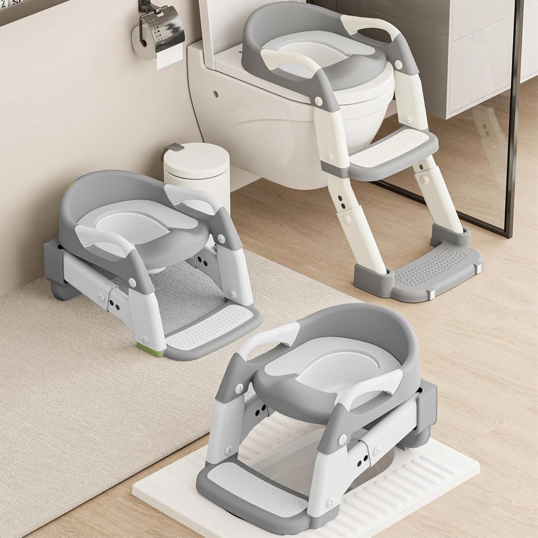 3-in-1 Toddler Potty Training Toilet Seat with Foldable Ladder  Adjustable Toddler Toilet Seat for Boys & Girls with Soft Cushion, Ergonomic Backrest, Non-Slip Pedal and Safety Grips (White & Gray)