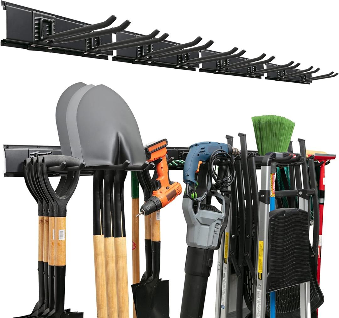 Garage Tool Organizer Wall Mount - 64 inches - Sturdy Storage Rack with Adjustable Hooks, Anti-Rust - Easy Installation, 400lbs Capacity - Garden Tool Organizer (04 Racks & 08 Hooks) (64" Carbon Steel, Black)