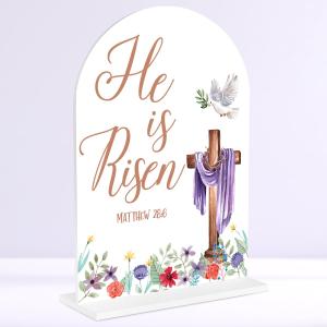 2 x He is Risen Easter Decor He is Risen Table Decor Religious Easter Decorations for Home Christian Gifts with Bible Verse Sign Arch Acrylic 6x8 Inch for Table Home Party White