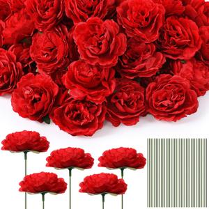 Thiccywoov 100 Pcs Flowers Long Stem Artificial Rose, 3.2 Inches Silk Rose Head Flowers Fake for Wedding Bridal Bouquet Home Floral Decor DIY Centerpieces Arrangements Party Tables Decorations (Red)