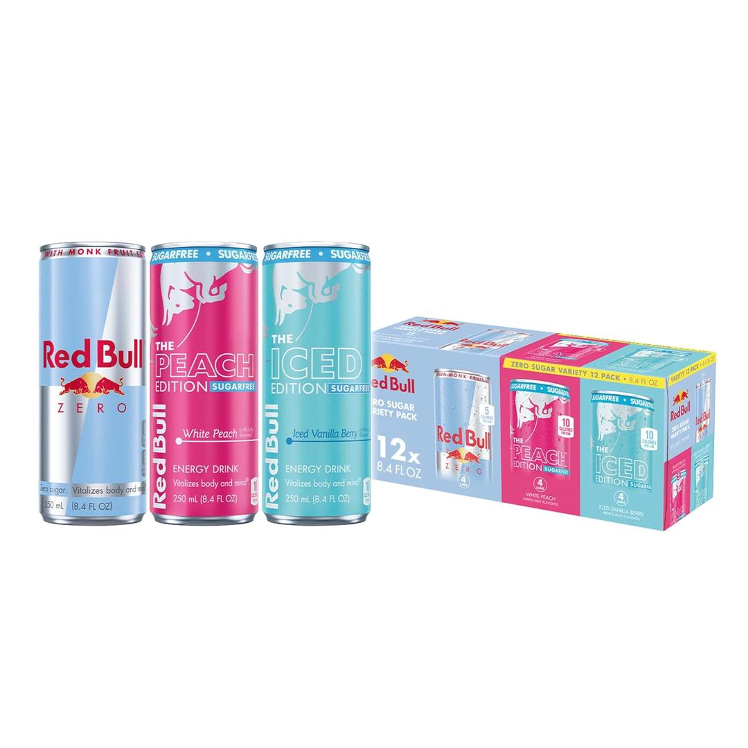 Red Bull Energy Drink SugarFree Variety Pack, Zero, Peach, Iced Vanilla Berry, with 80mg Caffeine, Taurine & B Vitamins, 8.4 fl. oz, Pack of 12 Can (EXP 04/22/27)