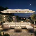15FT Large Outdoor Patio Umbrella with Solar Lights and Base, Double-Sided Table Umbrellas with 48 LED Lights, Rectangle Market Umbrella for Pool, Deck, Backyard, Beige