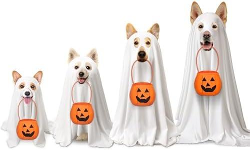 Huhumy 2 Pcs Halloween Dog Costumes with Non Woven Pumpkin Bags White Ghost Costume for Dog Cat Ghost Cosplay Clothes, Cute Party Cape for Halloween Cosplay Party(Puppy)