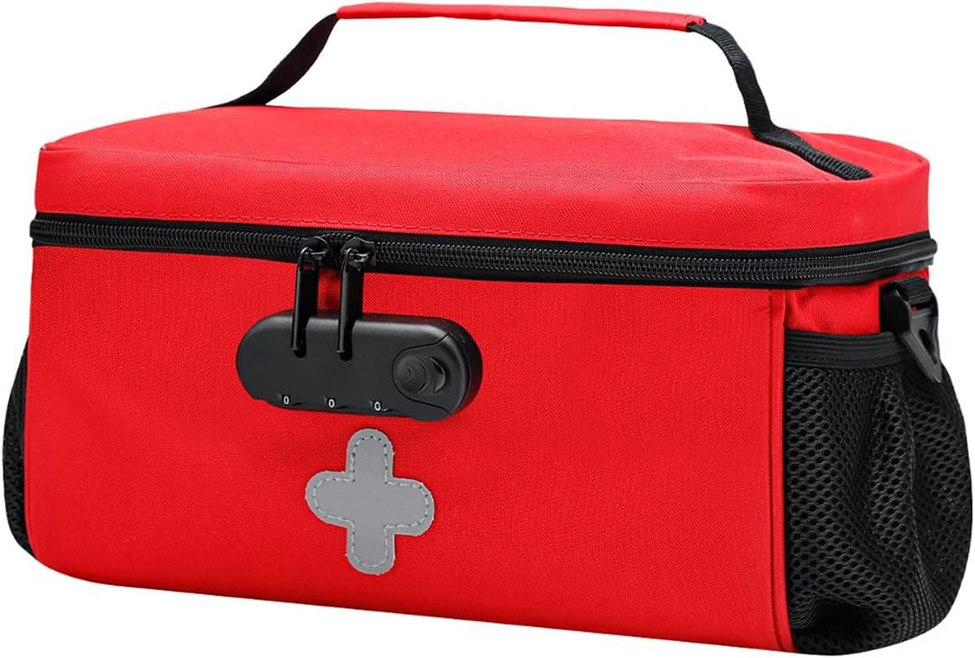 Pill Bottle Organizer Bag with Combination Lock, Lockable Medicine Bag Organizer, Travel Medicine Organizer with Portable Small Pouch, Medicine Lock Box for Prescription Bottles with Shoulder Strap (Red)