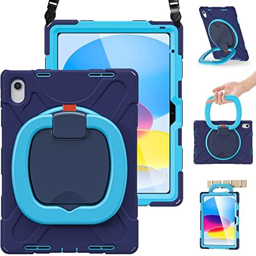BRAECN Case for iPad (A16) 11th/10th Generation 11”/10.9'' 2025/2022, Heavy Duty Shockproof Cover with Pencil Holder/Screen Protector/Rotating Handle Grip/Stable Kickstand/Shoulder Strap, Navy Blue
